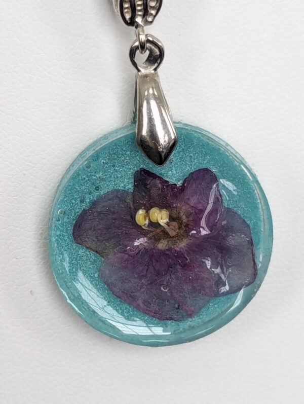 Toronto Belle African Violet Flower Preserved In A Resin Necklace - Image 2