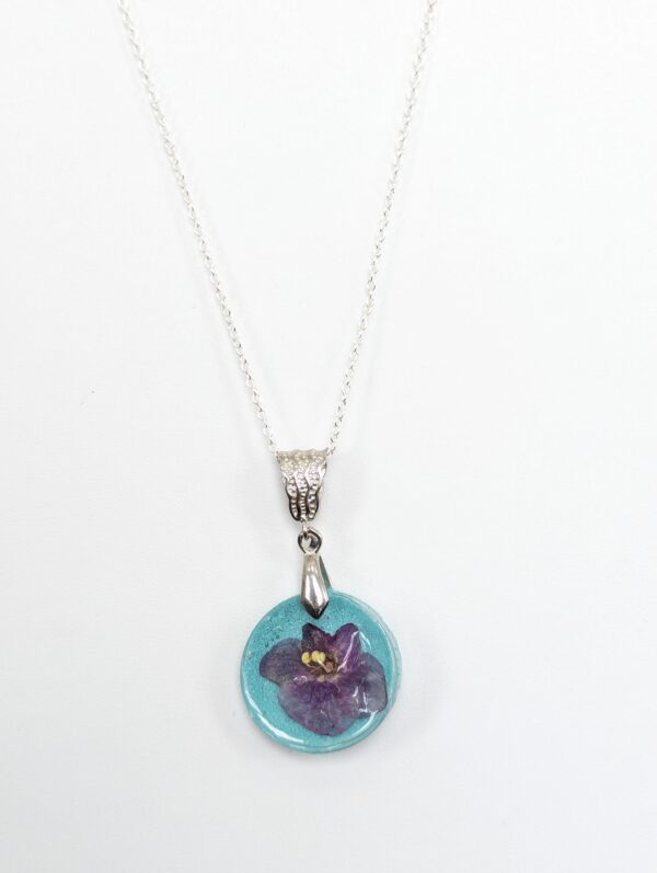 Toronto Belle African Violet Flower Preserved In A Resin Necklace - Image 3