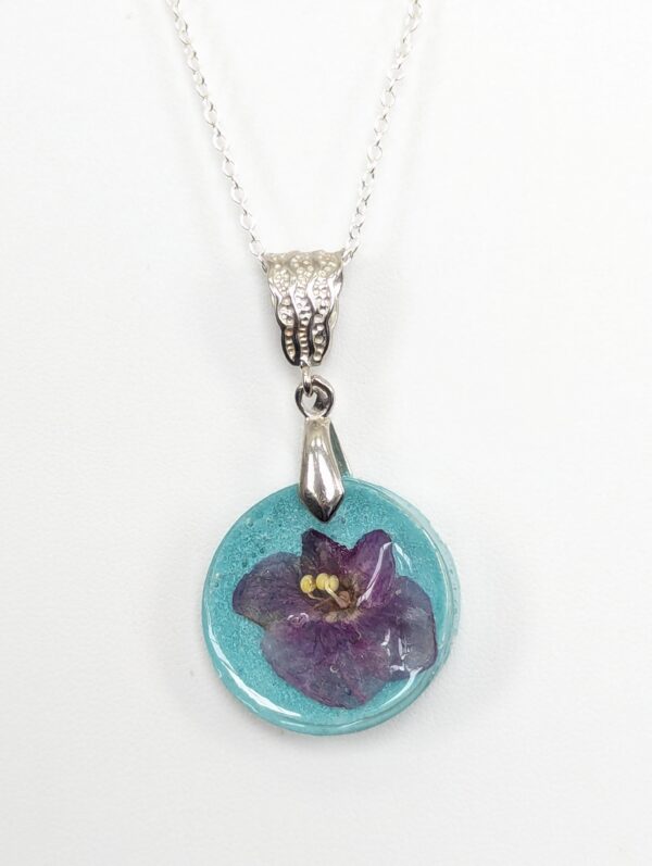 Toronto Belle African Violet Flower Preserved In A Resin Necklace - Image 4