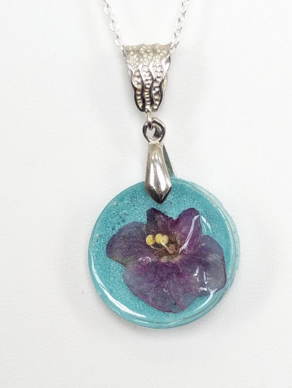 Toronto Belle African Violet Flower Preserved In A Resin Necklace - Image 5