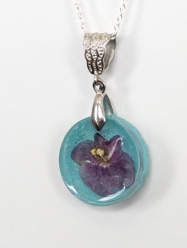 Toronto Belle African Violet Flower Preserved In A Resin Necklace - Image 6