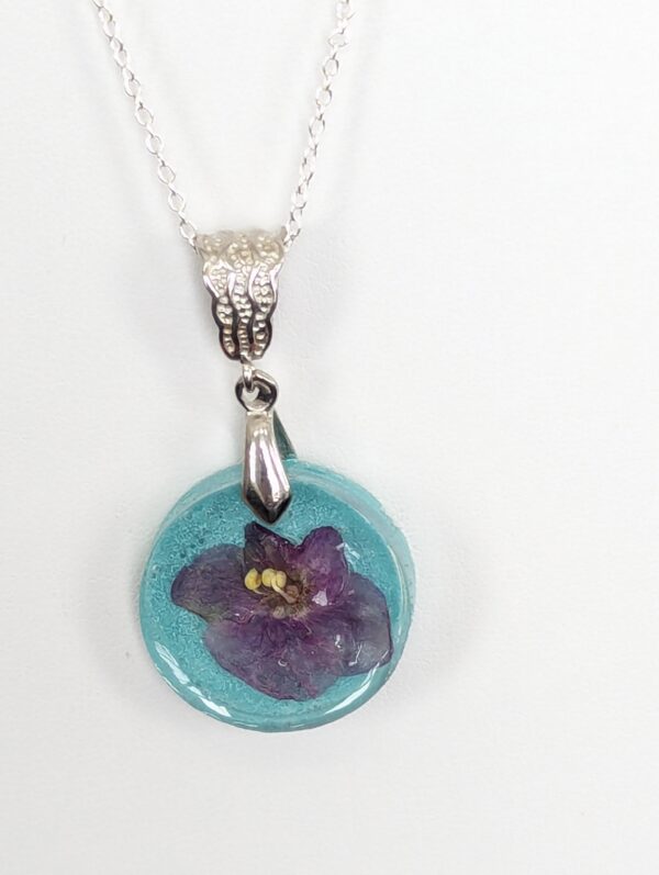 Toronto Belle African Violet Flower Preserved In A Resin Necklace - Image 7