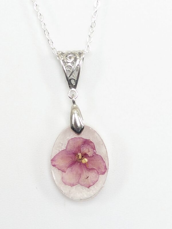 Ness Angel Babe African Violet Preserved In A Resin Necklace